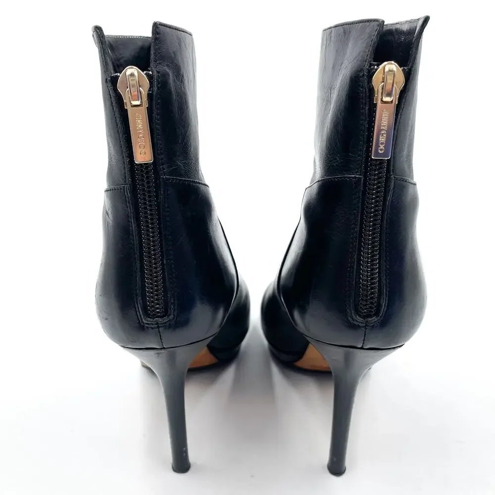 Jimmy Choo Ankle Booties Black‎ Leather Stiletto Heels Boots Sz 37.5 / 7.5